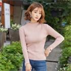 High-neck Lace-layered Knit Top