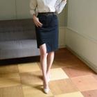 Cut-out Hem H-line Midi Skirt With Belt