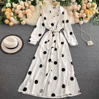 Long-sleeve Dotted Midi A-line Shirtdress