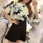Set: Floral Print Bell-sleeve Top + A-line Skirt