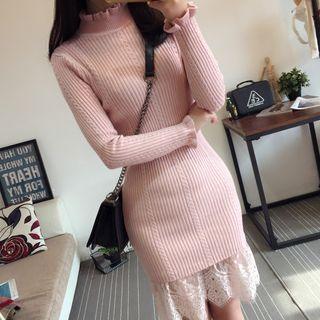 Lace Hem Frilled Neck Knit Dress