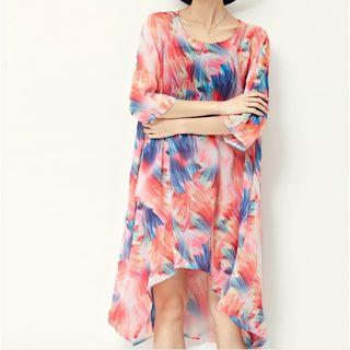 Printed Elbow Sleeve Dip Back Chiffon Dress