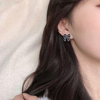 Faux Pearl Bow Ear Stud 1 Pair - 925 Silver - Black - One Size