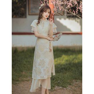 Short-sleeve Floral Print Layered Qipao