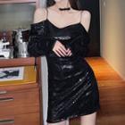 Long-sleeve Sequined Cold Shoulder Mini Sheath Dress