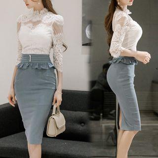 Set: 3/4-sleeve Lace Top + Peplum Skirt