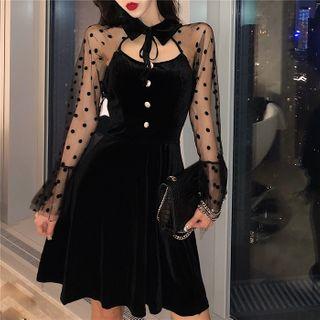 Bell-sleeve Dotted Mesh A-line Dress