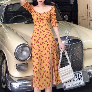 Elbow-sleeve Floral Slit A-line Midi Chiffon Dress
