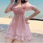 Set: Plain Bikini + Ruffled Gingham Cover-up Dress