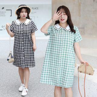 Short-sleeve Button-up Plaid Dress