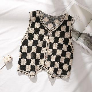 Checkerboard Button-up Sweater Vest Black & Almond - One Size