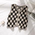 Checkerboard Button-up Sweater Vest Black & Almond - One Size
