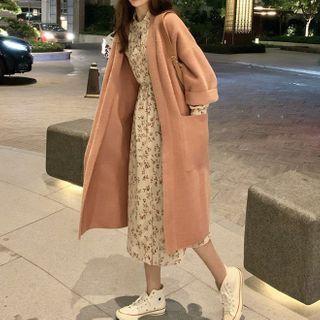 Floral Print Long-sleeve Midi A-line Dress / Open-front Midi Cardigan