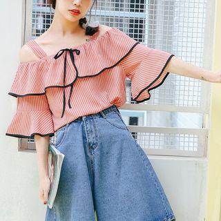 Striped Elbow-sleeve Cold-shoulder Blouse