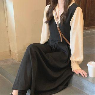 V-neck Midi A-line Overall Dress / Plain Shirt