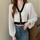 Mesh Sleeve Button-up Knit Top