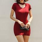 Short-sleeve Mini Knit Dress Red - One Size