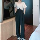 Puff-sleeve Square-neck Blouse / Faux Pearl Strap Wide Leg Suspender Pants