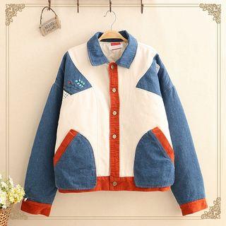 Color-block Padded Denim Jacket As Shown In Figure - One Size