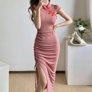 Short-sleeve Frog Button Drawstring Slit Midi Sheath Dress