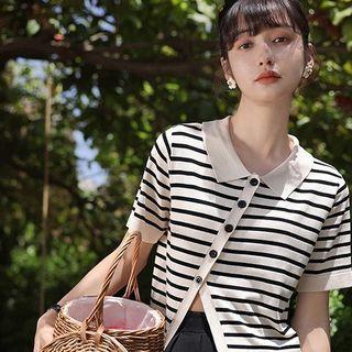 Polo-neck Buttoned Split Top Stripe - Black & Almond - One Size