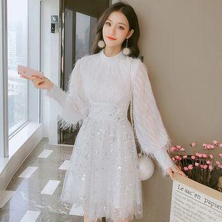 Long-sleeve Star Sequin Panel A-line Dress