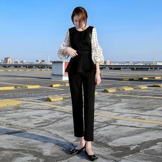 Set: Dot Chiffon Blouse + Straight-fit Pants