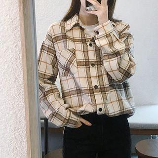 Loose-fit Plaid Flannel Shirt Beige - One Size