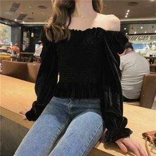 Boatneck Velvet Smocked Crop Top Black - One Size