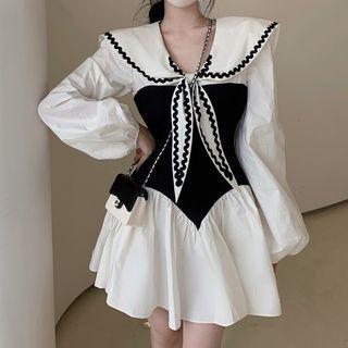 Long-sleeve Sailor-collar Color-block Bow A-line Dress