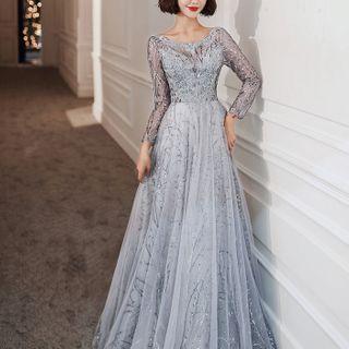 Long-sleeve Embellished A-line Ball Gown