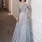 Long-sleeve Embellished A-line Ball Gown