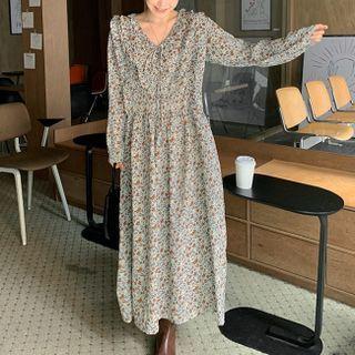 Long-sleeve V-neck Floral Dress Floral - One Size
