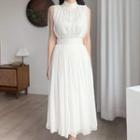 Set: High Neck Sleeveless Shirred Blouse + Midi A-line Skirt