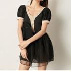 Set: Short-sleeve Swimsuit + Mesh Skirt