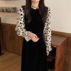 Bell-sleeve Floral Print Panel Midi A-line Dress Black - One Size