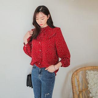 Tie-neck Capelet Polka-dot Blouse