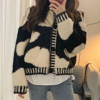 Cow Print Fluffy Buttoned Jacket Dairy Cow - Black & White - One Size
