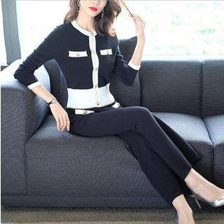 Set: Long-sleeve Contrast-color Buttoned Knit Top + Wide-leg Pants