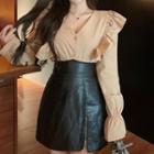 Ruffle Trim Blouse / Faux Leather Mini A-line Skirt