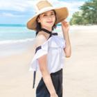 Set: Contrast Trim Frilled Cold Shoulder Blouse + Wide Leg Pants