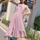 Spaghetti Strap Plaid A-line Dress / Long Light Jacket