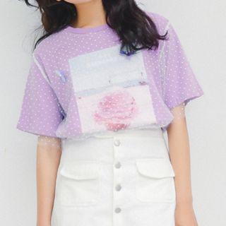 Short-sleeve Ice-cream Print Mesh Overlay T-shirt