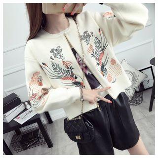 Embroidered Cropped Knit Zip Jacket