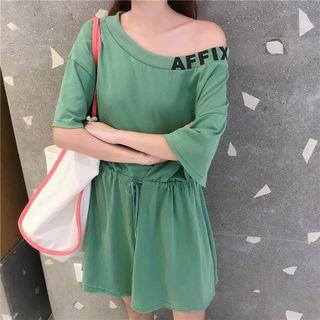 Lettering Off-shoulder Short-sleeve Dress