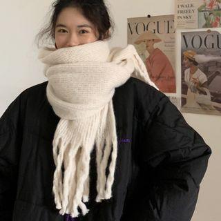 Plain Knit Fringed Scarf Off-white - One Size