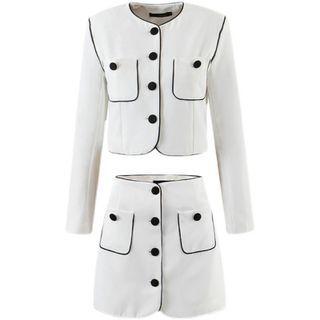 Contrast Trim Button-up Jacket / Mini A-line Skirt