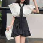 Set: Eyelet Lace Cap-sleeve Blouse + Ruffle Mini A-line Skirt