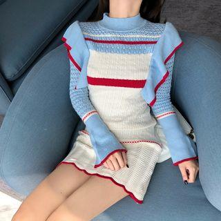 Bell-sleeve Ruffled Trim Color Block Knit Dress