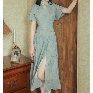 Mandarin Collar Slit Midi A-line Dress
